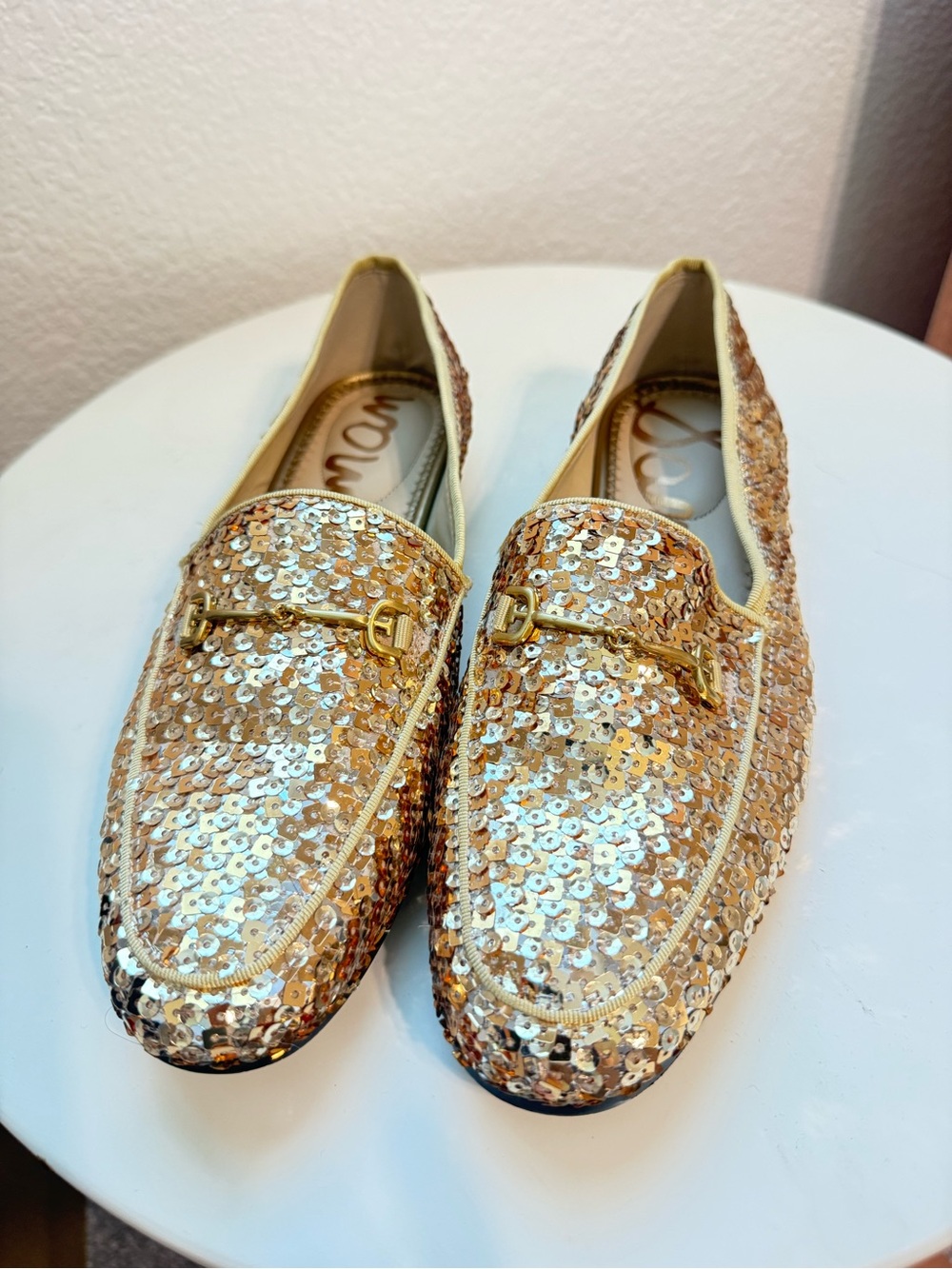 Sam Edelman Gold Sequin Loafers with Gold-Tone Bit